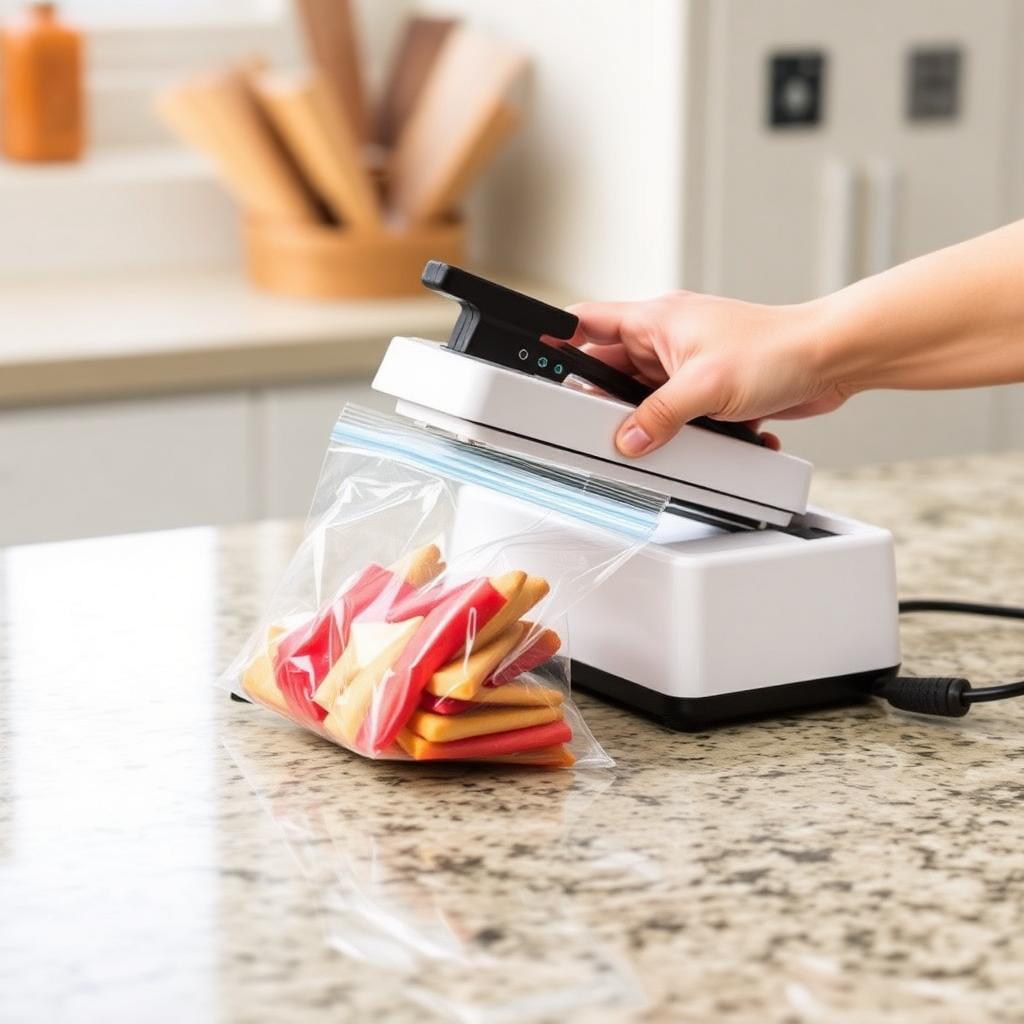 Mini handheld bag heat sealer on kitchen counter with sealed snack bag