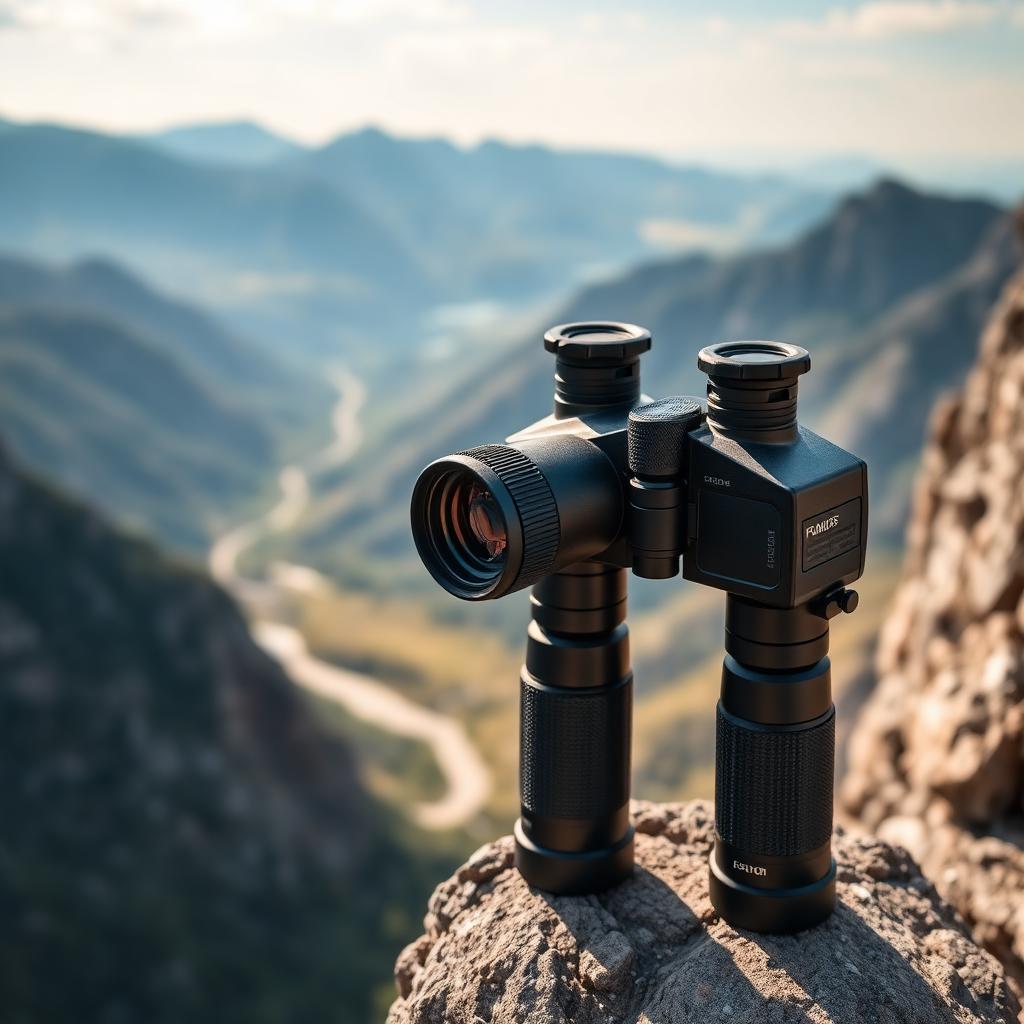 HD binoculars on a rocky mountain ledge overlooking valley