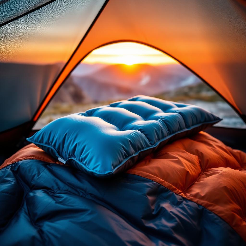Self-inflating ultralight camping pillow on sleeping bag inside tent at dawn