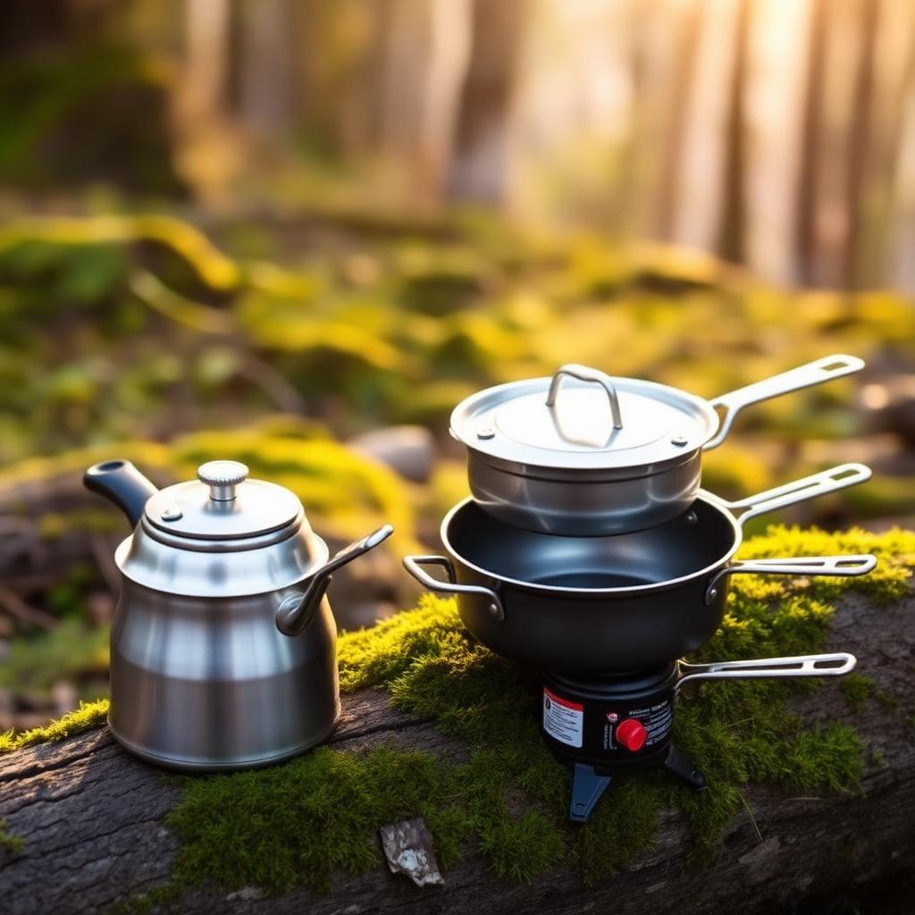 Compact 1-2 person aluminum cookware kit with kettle and nested pots on mossy log