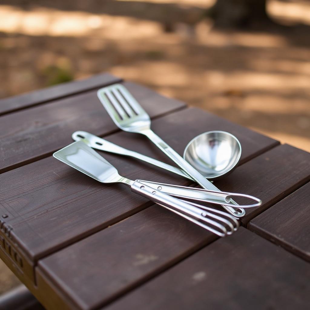 Foldable stainless steel cooking utensils set on a wooden picnic table