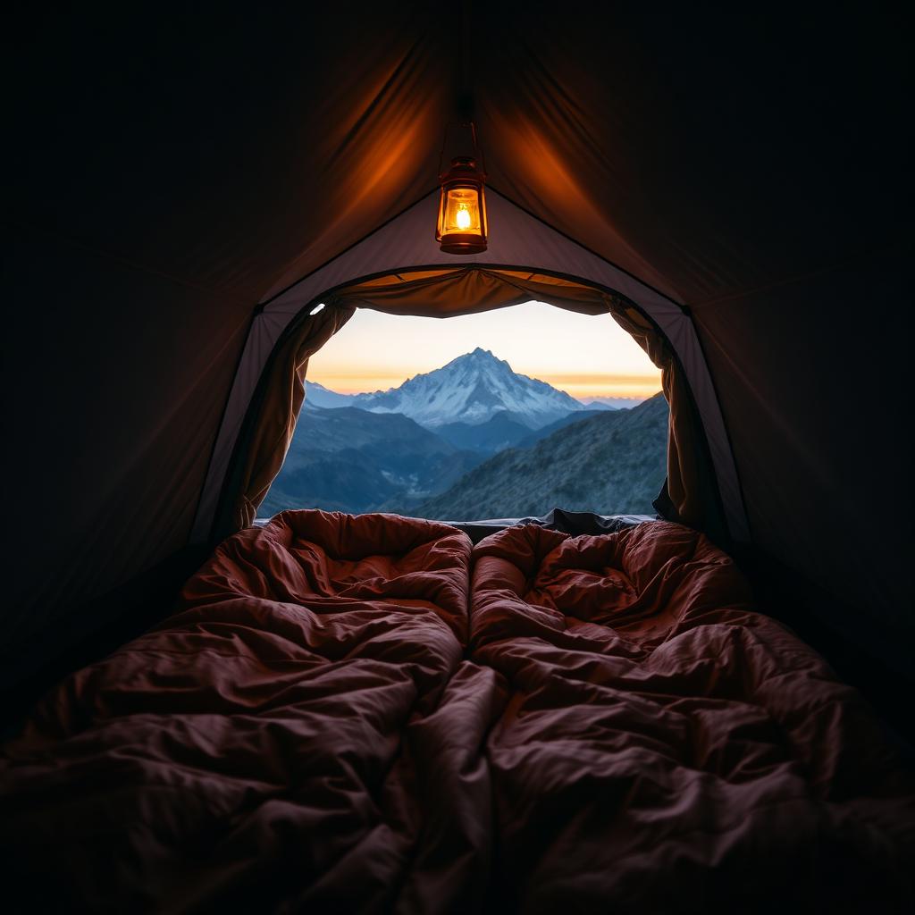 Brown double sleeping bag in tent with mountain view at dawn