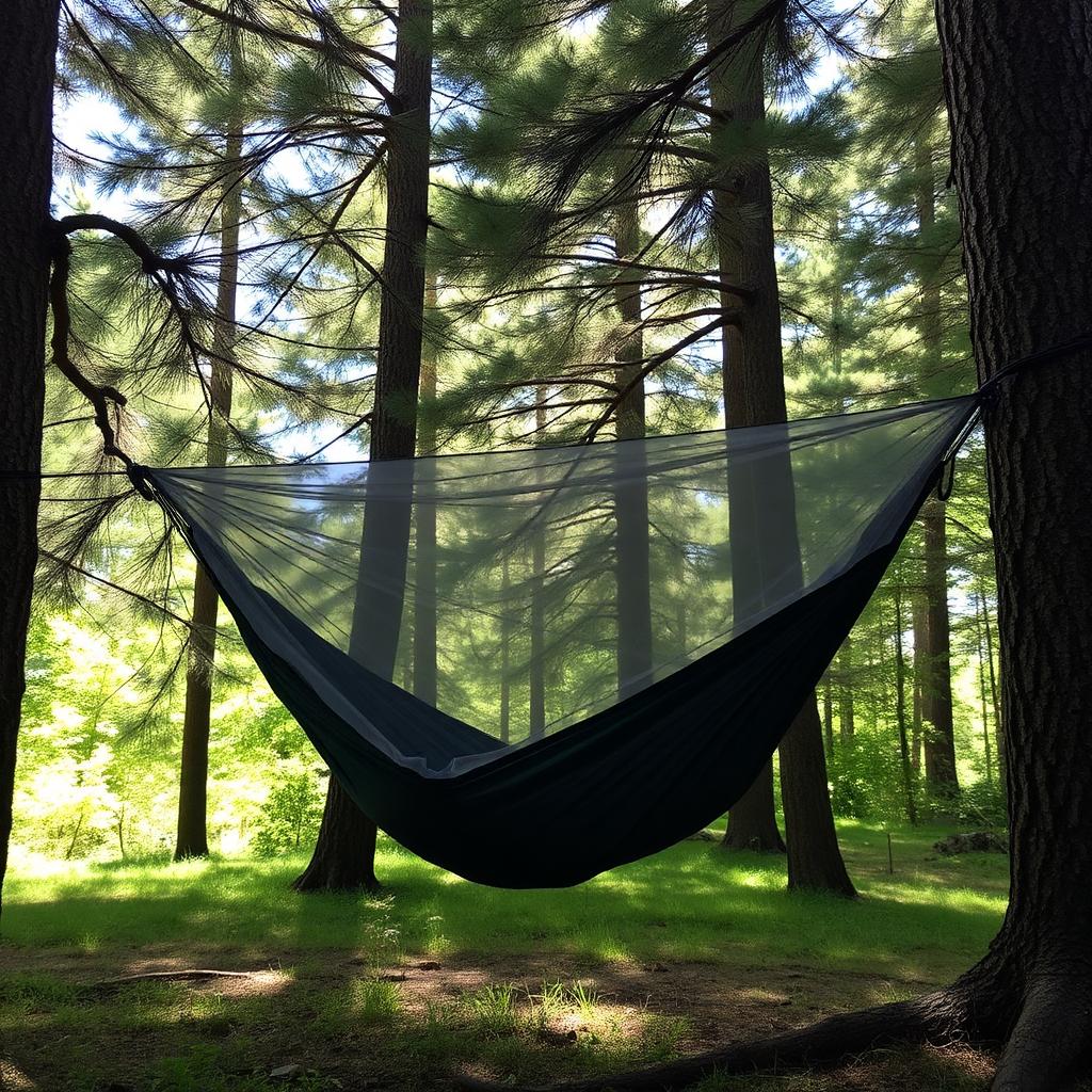 Camping hammock with mosquito net hanging between pine trees in forest