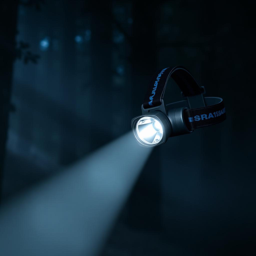 1500-lumen rechargeable LED headlamp casting a bright beam in foggy forest at night