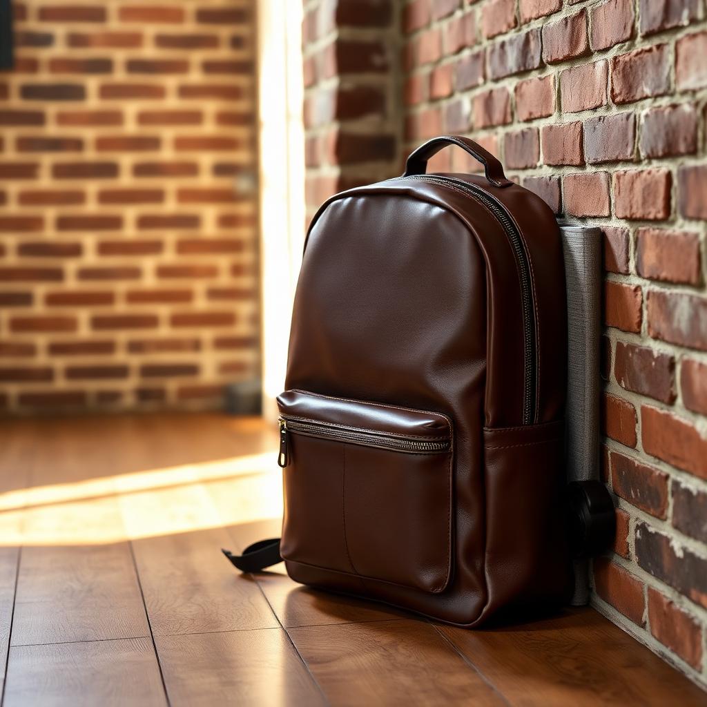PU leather laptop backpack on a wooden desk in modern office