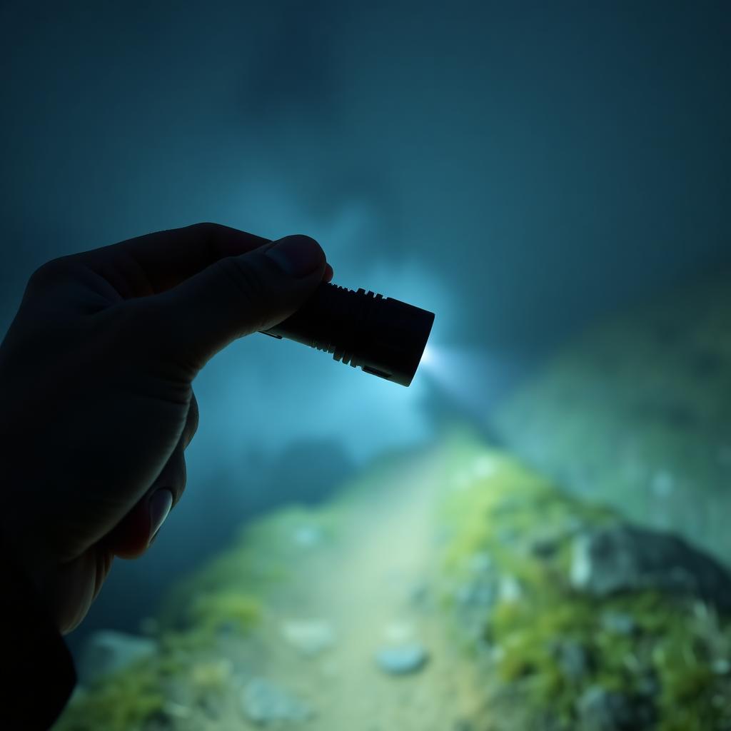 Mini rechargeable flashlight on mountain trail at night