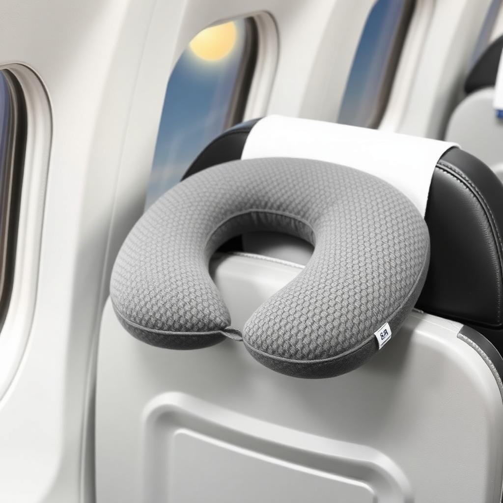 Gray memory foam U-shaped travel neck pillow on airplane seat