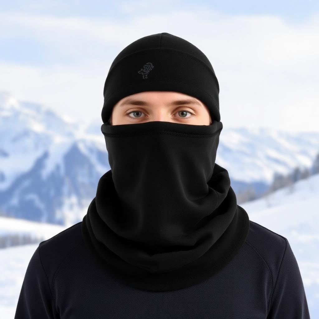 Black thermal fleece neck warmer balaclava on snowy mountain background
