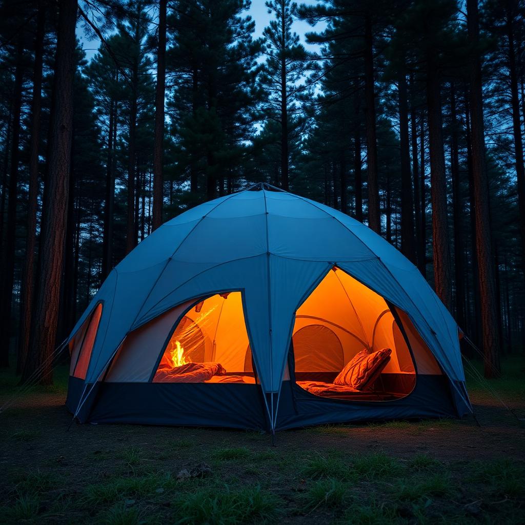 Pop-up dome tent in pine forest at dusk