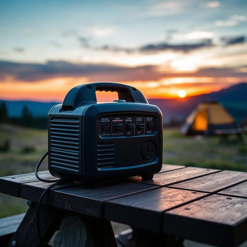 100W portable power station on a campsite picnic table at sunset