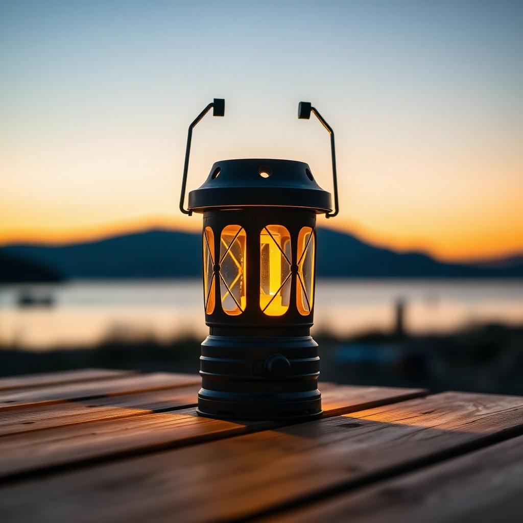 Solar camp lantern at lakeside at twilight