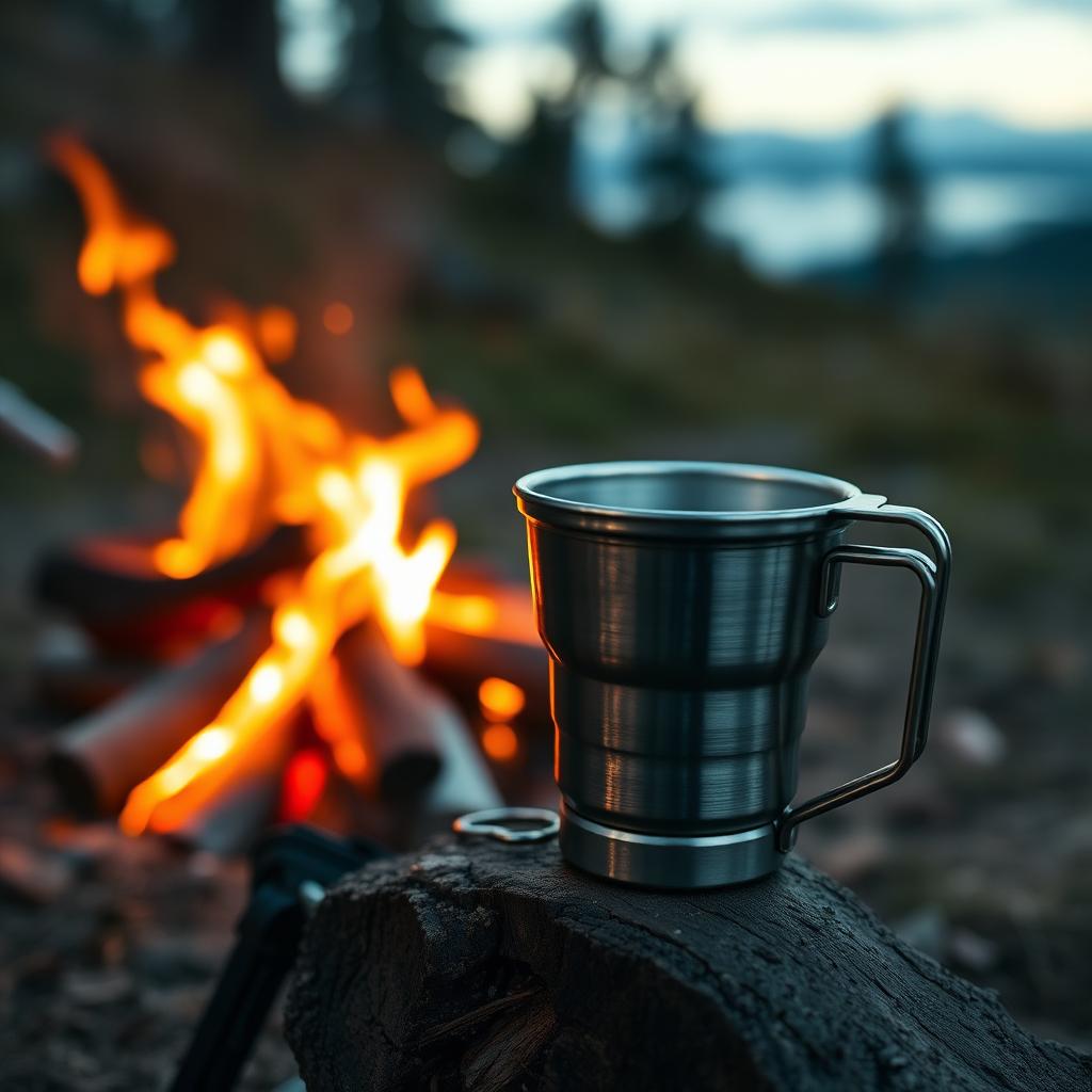 Titanium folding camping cup on a moss-covered rock