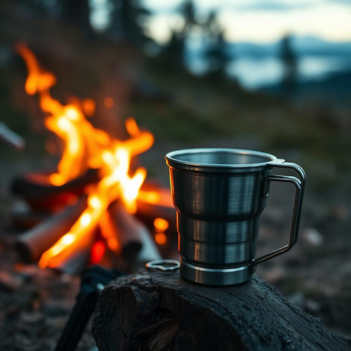 Titanium folding camping cup on a moss-covered rock