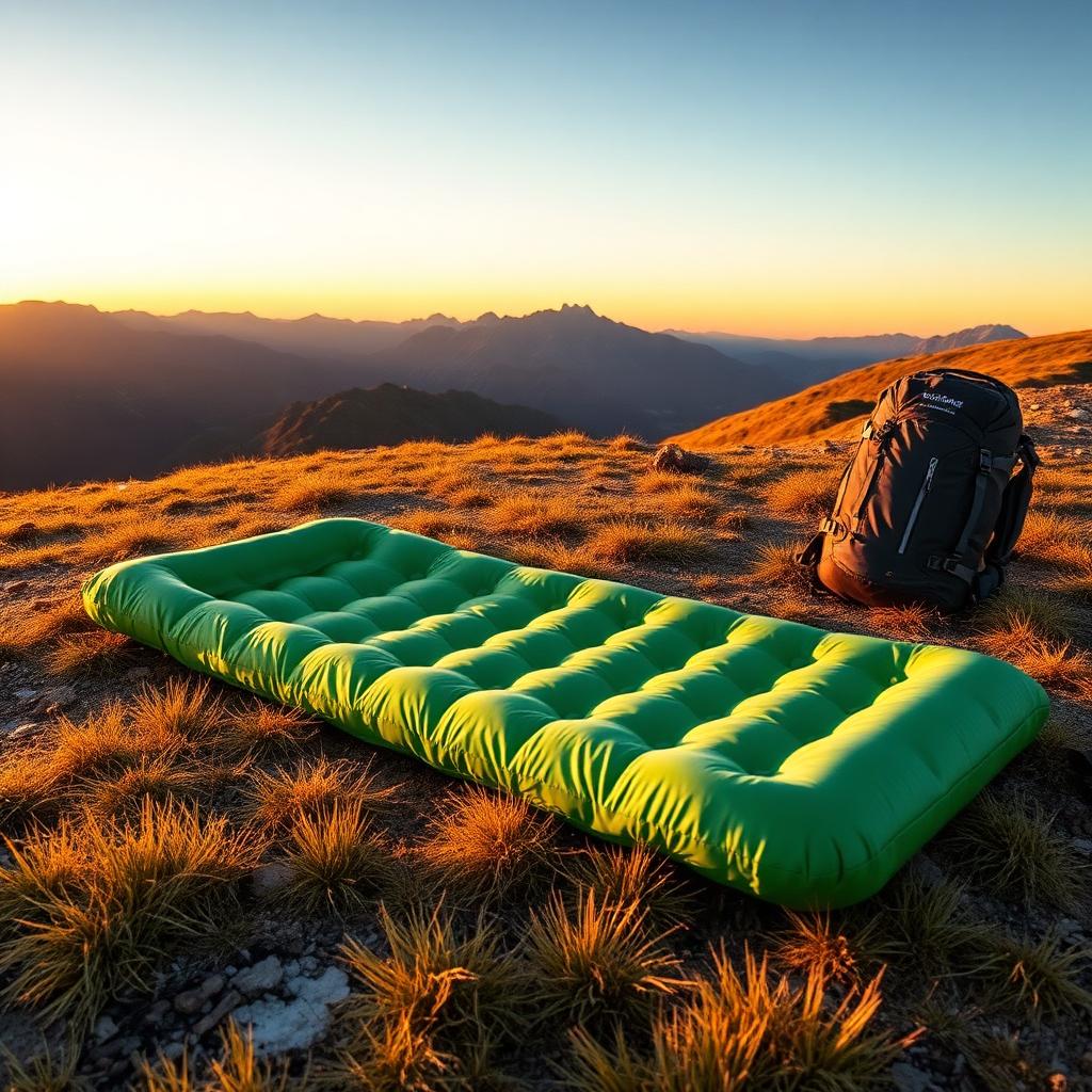 Ultralight green sleeping pad on alpine grass at sunrise