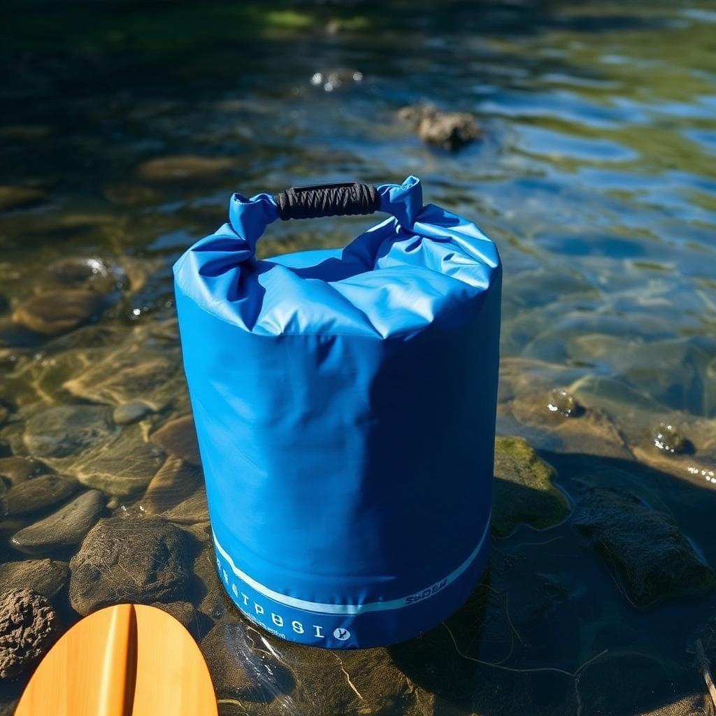 Set of waterproof dry bags in various colors on a kayak by the river