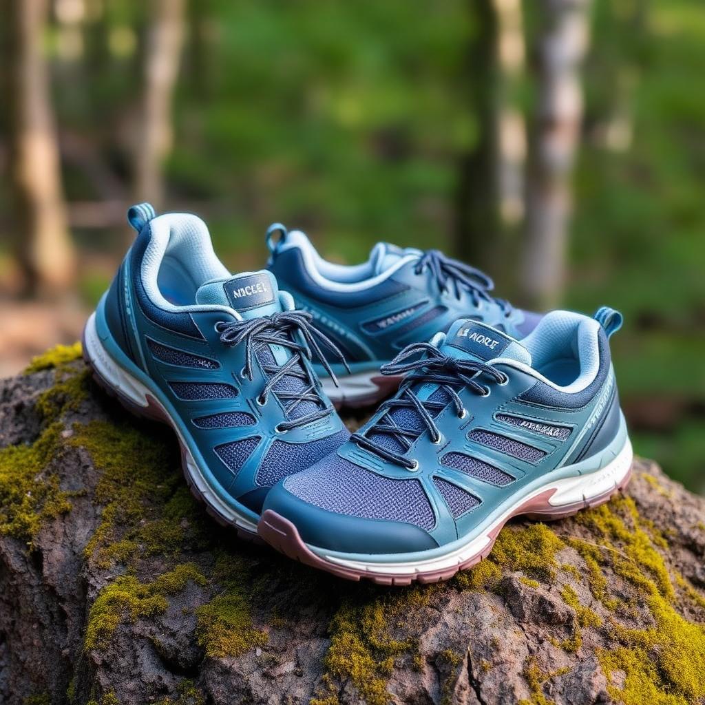 Women's outdoor hiking sneakers on a mossy rock with forest background