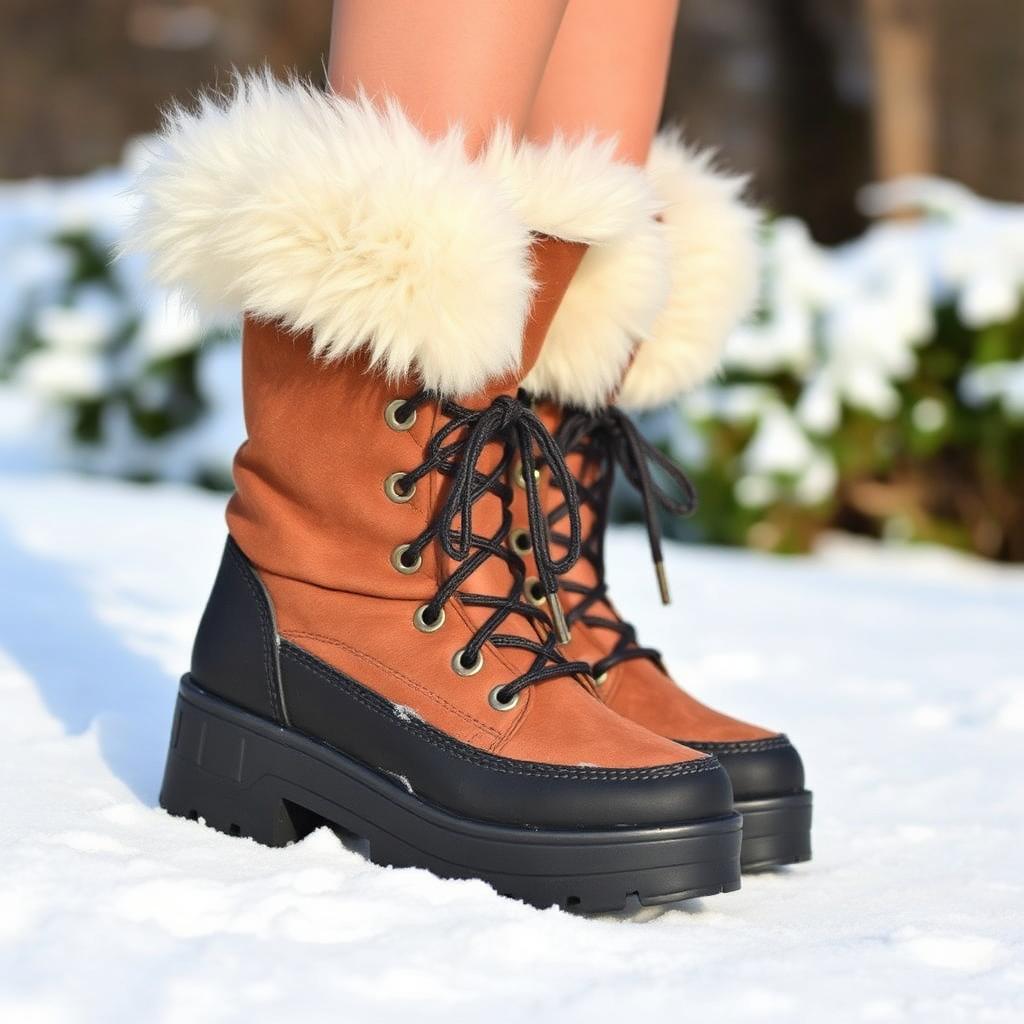 Women's plush fur-lined platform winter snow boots on fresh snow